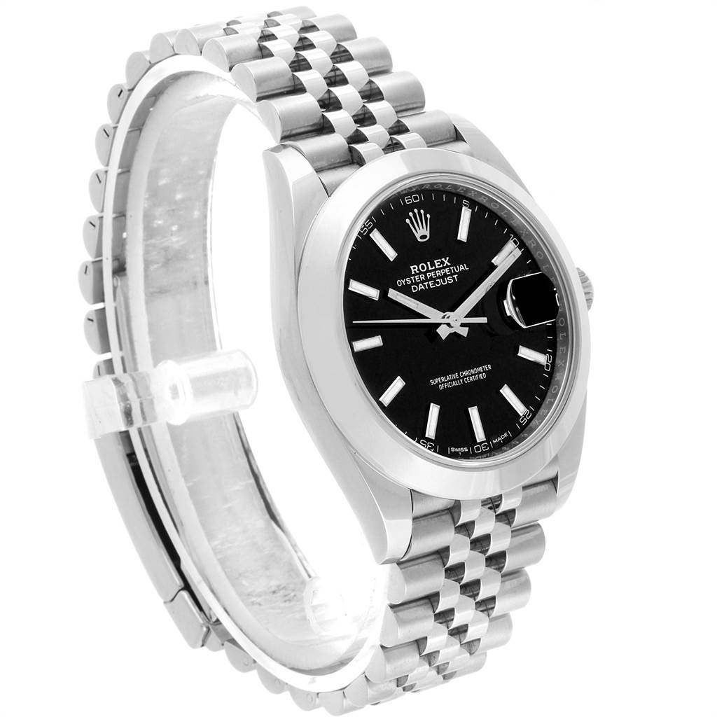 This Rolex Datejust 126300 Men
s Stainless Steel Black Dial 126300 Men
s Stainless Steel Black Dial watch is shown at a front angle, displaying its black dial, Oyster case, and Jubilee bracelet.