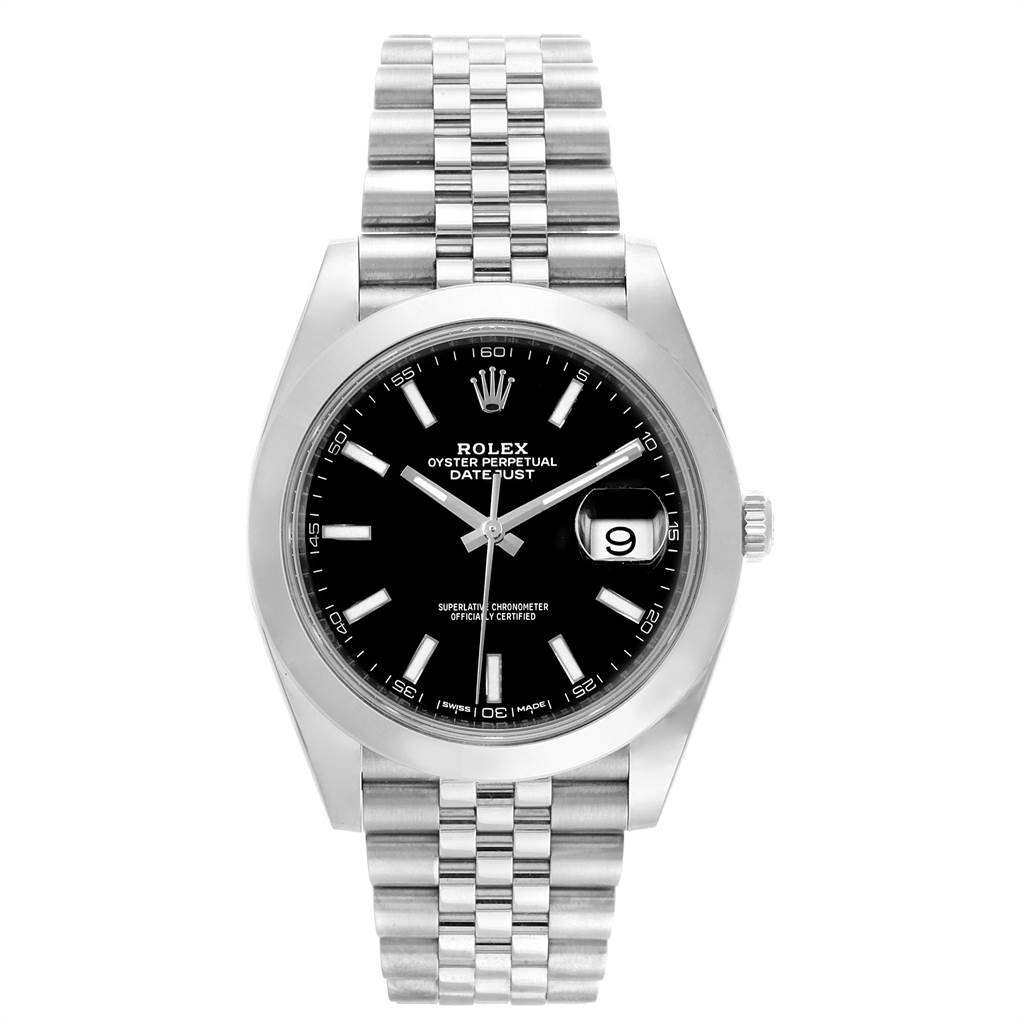 The Rolex Datejust 126300 Men
s Stainless Steel Black Dial 126300 Men
s Stainless Steel Black Dial watch is shown from a front view, highlighting its black dial, date window, silver markers, and metal bracelet.