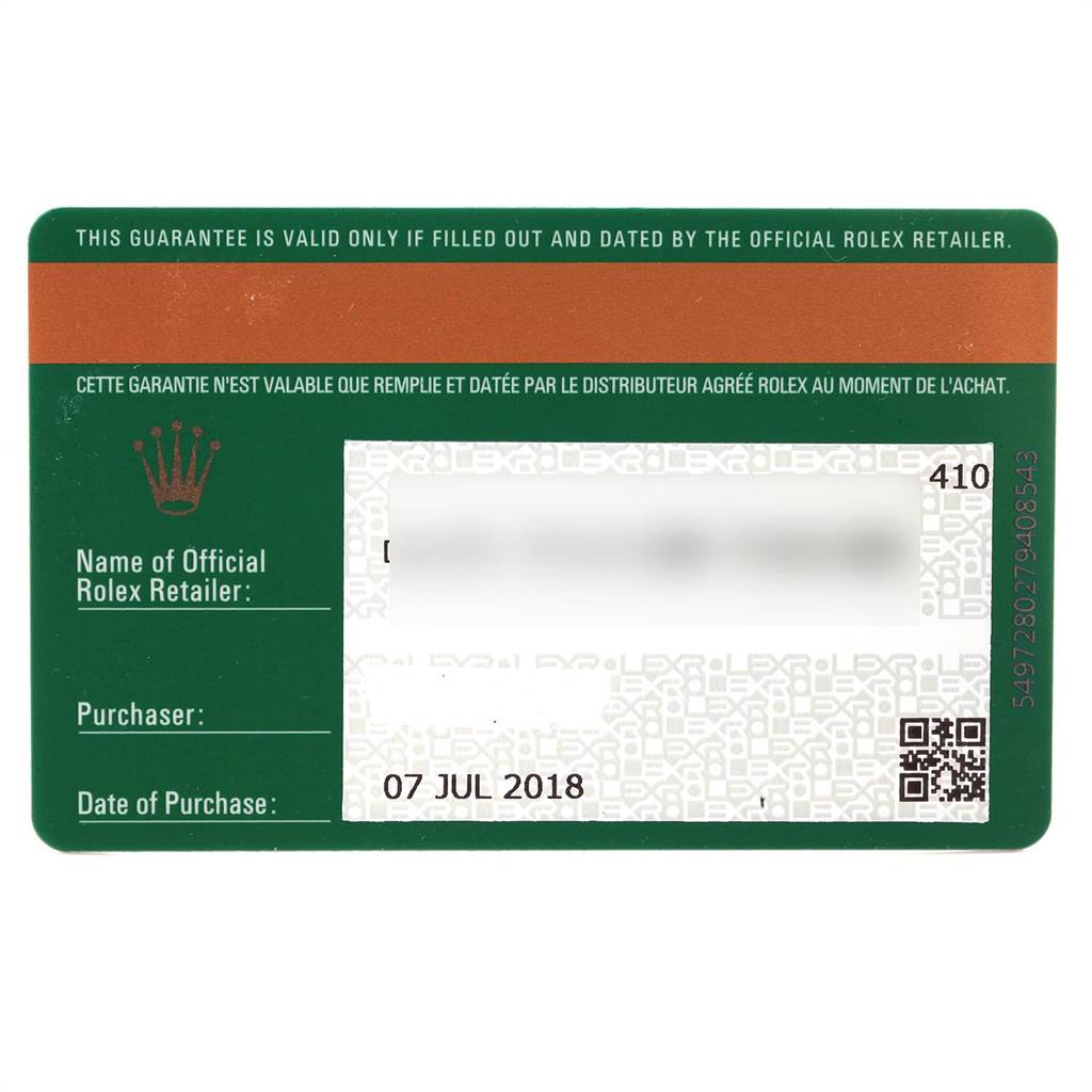 This image shows the guarantee card for a Rolex Datejust 126300 Men
s Stainless Steel Blue Dial 126300 Men
s Stainless Steel Blue Dial watch, filled out with purchase date and retailer information.