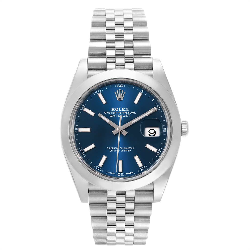 The image shows a frontal view of the Rolex Datejust 126300 Men
s Stainless Steel Blue Dial 126300 Men
s Stainless Steel Blue Dial watch, highlighting its blue dial, bracelet, and date window.