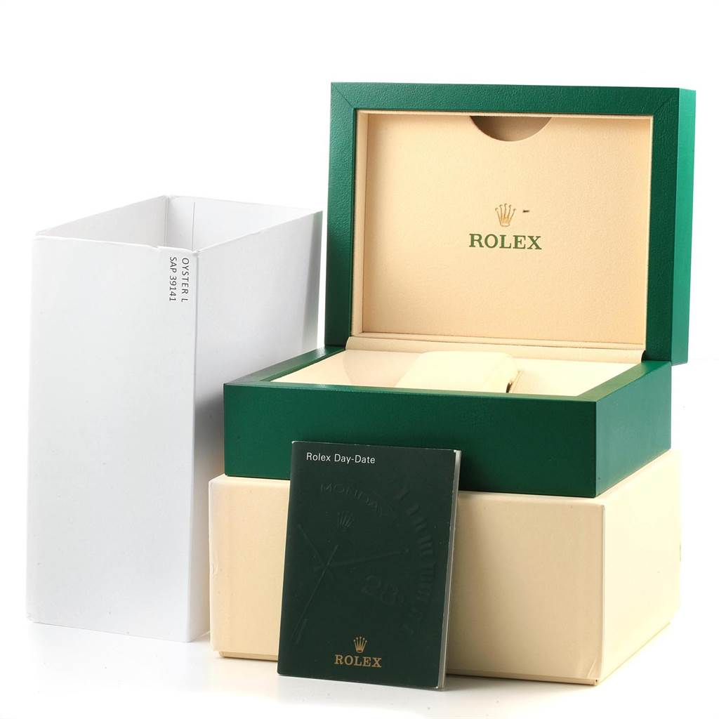This image shows the Rolex Datejust 116238 Men's Yellow Gold White Dial 116238 Men's Yellow Gold White Dial watch packaging, including the open green box, outer box, and instruction booklet.