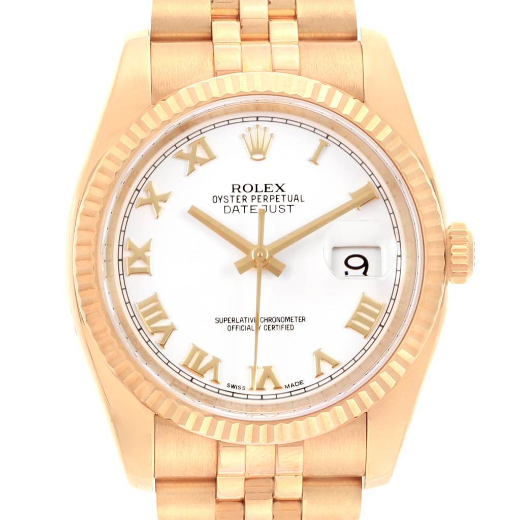 This Rolex Datejust 116238 Men's Yellow Gold White Dial 116238 Men's Yellow Gold White Dial watch is shown in a close-up front angle highlighting the dial, bezel, and part of the bracelet.