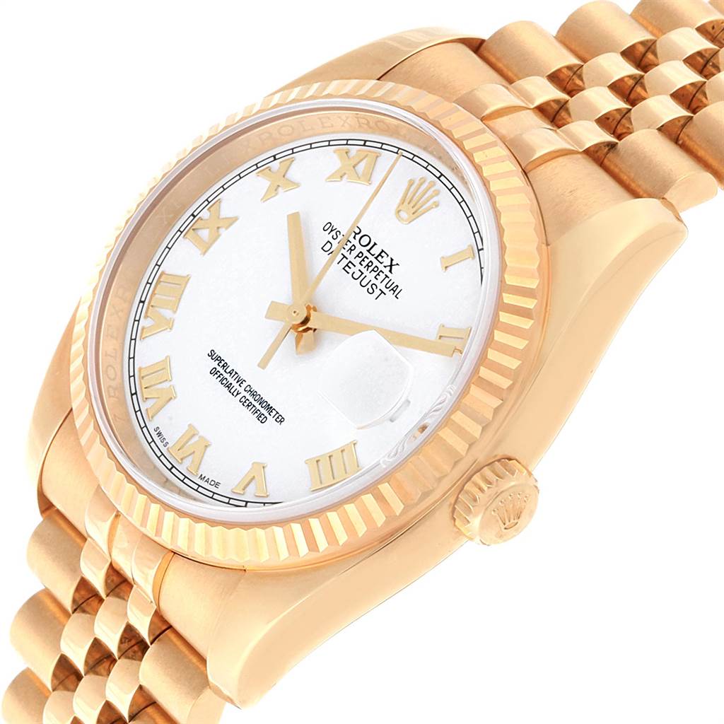 This image shows a close-up side angle of the Rolex Datejust 116238 Men's Yellow Gold White Dial 116238 Men's Yellow Gold White Dial watch, displaying the dial, crown, and bracelet.