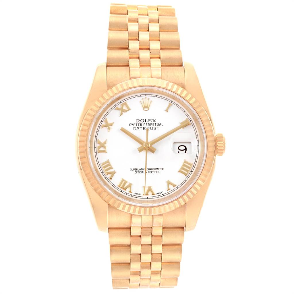 The image shows a frontal view of a Rolex Datejust 116238 Men's Yellow Gold White Dial 116238 Men's Yellow Gold White Dial watch, showcasing its face, bezel, and bracelet.