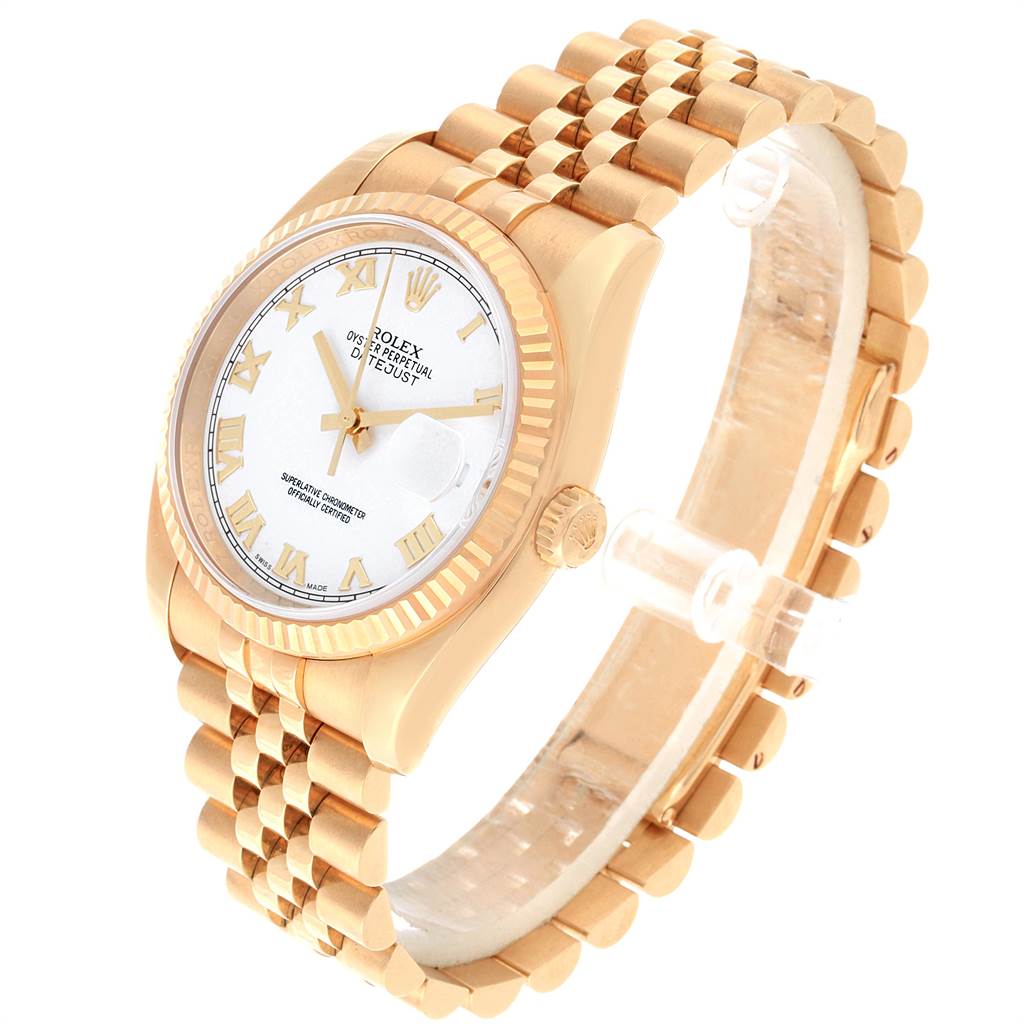 The image shows a Rolex Datejust 116238 Men's Yellow Gold White Dial 116238 Men's Yellow Gold White Dial watch at a three-quarter angle, highlighting its white dial, gold fluted bezel, and gold bracelet.