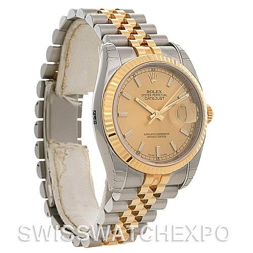 This image shows a side and front angle of the Rolex Datejust 116233-CSJ Men's Stainless Steel Champagne Dial 116233-CSJ Men's Stainless Steel Champagne Dial, highlighting its gold and silver bezel and bracelet.