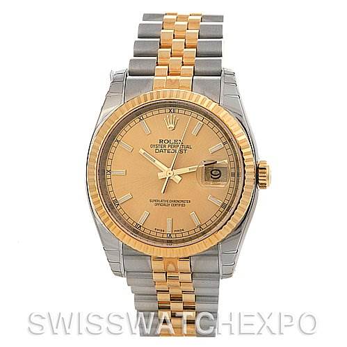 The image shows a front view of a Rolex Datejust 116233-CSJ Men's Stainless Steel Champagne Dial 116233-CSJ Men's Stainless Steel Champagne Dial watch, displaying the dial, hands, date window, and two-tone bracelet.