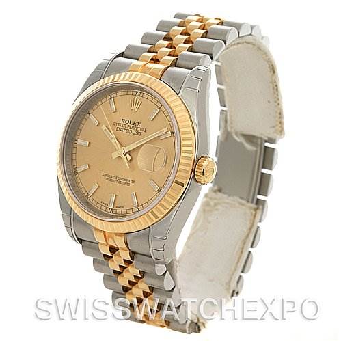 The image shows a Rolex Datejust 116233-CSJ Men's Stainless Steel Champagne Dial 116233-CSJ Men's Stainless Steel Champagne Dial watch at an angled side view, displaying its dial, fluted bezel, crown, and Jubilee bracelet.