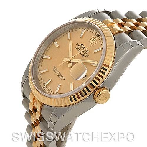 The image shows a close-up of the Rolex Datejust 116233-CSJ Men's Stainless Steel Champagne Dial 116233-CSJ Men's Stainless Steel Champagne Dial watch at an oblique angle, highlighting its face, bezel, and bracelet.