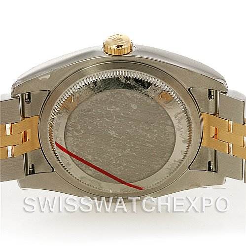 The image shows the back view of a Rolex Datejust 116233-CSJ Men's Stainless Steel Champagne Dial 116233-CSJ Men's Stainless Steel Champagne Dial watch, highlighting its crown, case back, and two-tone bracelet.