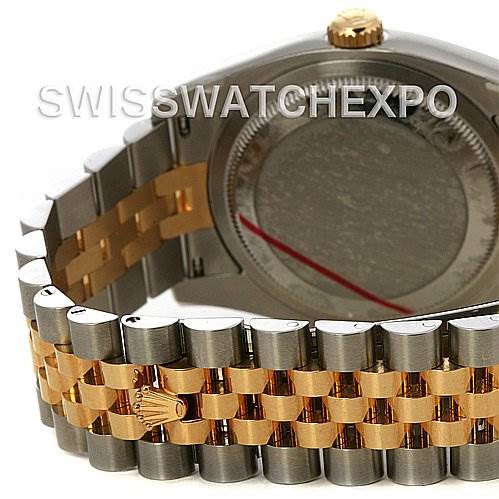 The image shows the back and bracelet of a Rolex Datejust 116233-CSJ Men's Stainless Steel Champagne Dial 116233-CSJ Men's Stainless Steel Champagne Dial watch with a two-tone metal design.