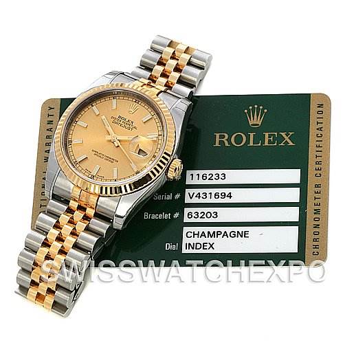 The image shows a Rolex Datejust 116233-CSJ Men's Stainless Steel Champagne Dial 116233-CSJ Men's Stainless Steel Champagne Dial watch at an angled view, along with its certification card detailing model and specs.