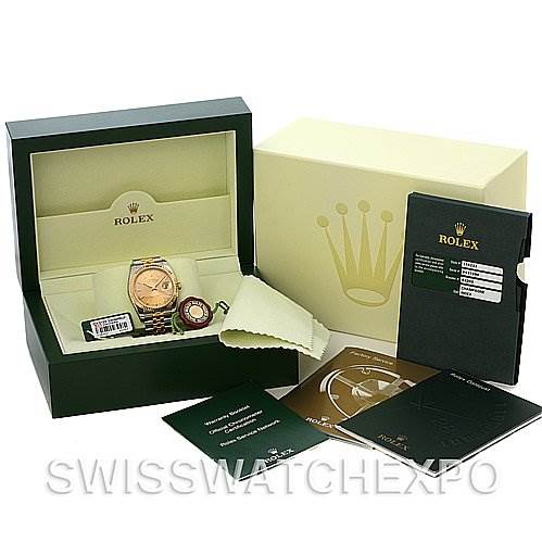 The image shows a Rolex Datejust 116233-CSJ Men's Stainless Steel Champagne Dial 116233-CSJ Men's Stainless Steel Champagne Dial watch alongside its box, warranty card, cleaning cloth, and user manuals.