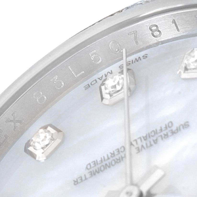 The close-up image displays a partial view of the dial and bezel of a Rolex Datejust 116244 Men's Stainless Steel Mother of Pearl Dial 116244 Men's Stainless Steel Mother of Pearl Dial watch, showcasing diamond hour markers.