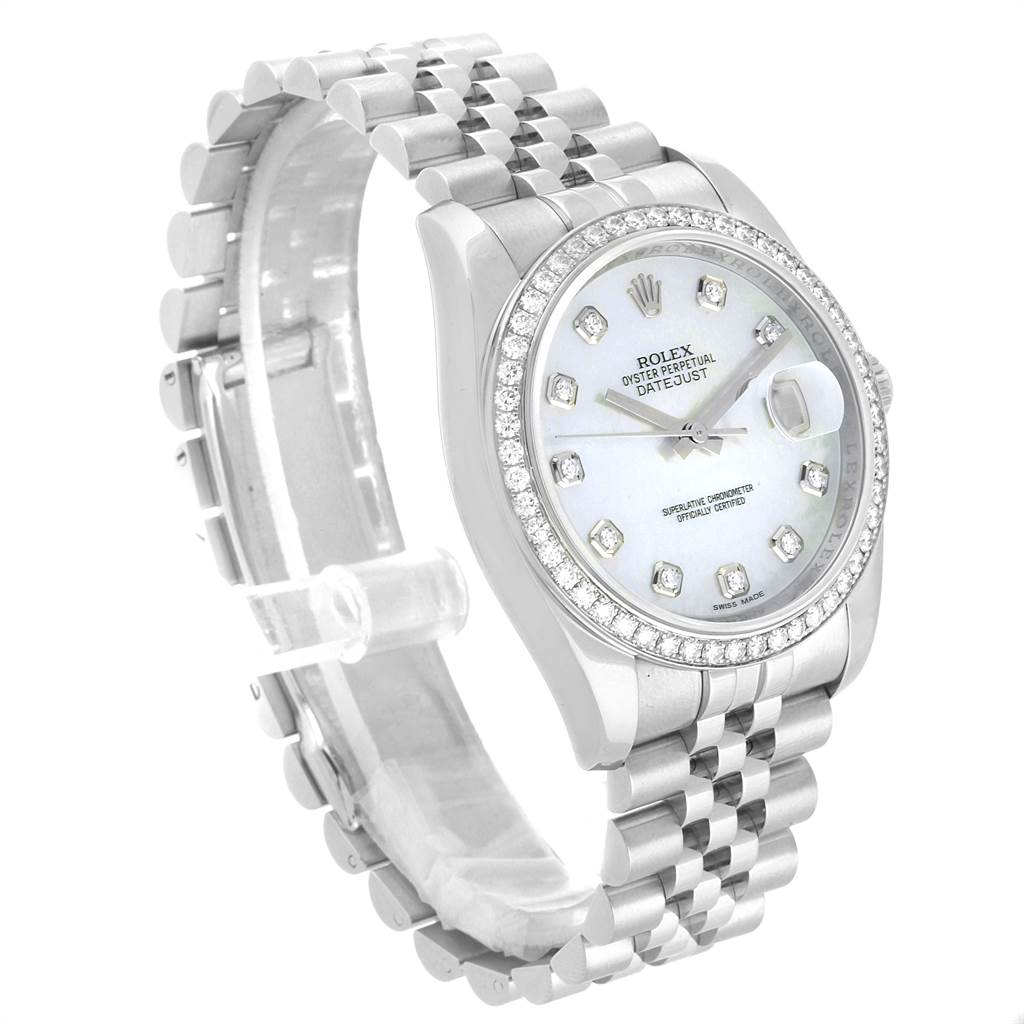The image shows a Rolex Datejust 116244 Men's Stainless Steel Mother of Pearl Dial 116244 Men's Stainless Steel Mother of Pearl Dial watch at a 3/4 angle highlighting the face, bezel, and bracelet.