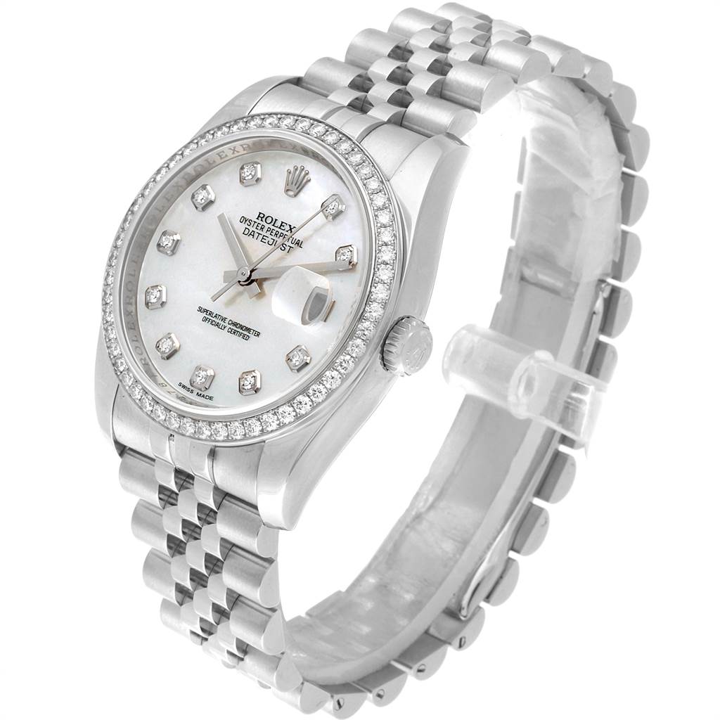 The Rolex Datejust 116244 Men's Stainless Steel Mother of Pearl Dial 116244 Men's Stainless Steel Mother of Pearl Dial watch is shown at a slight angle displaying the face, bezel, and a portion of the bracelet.