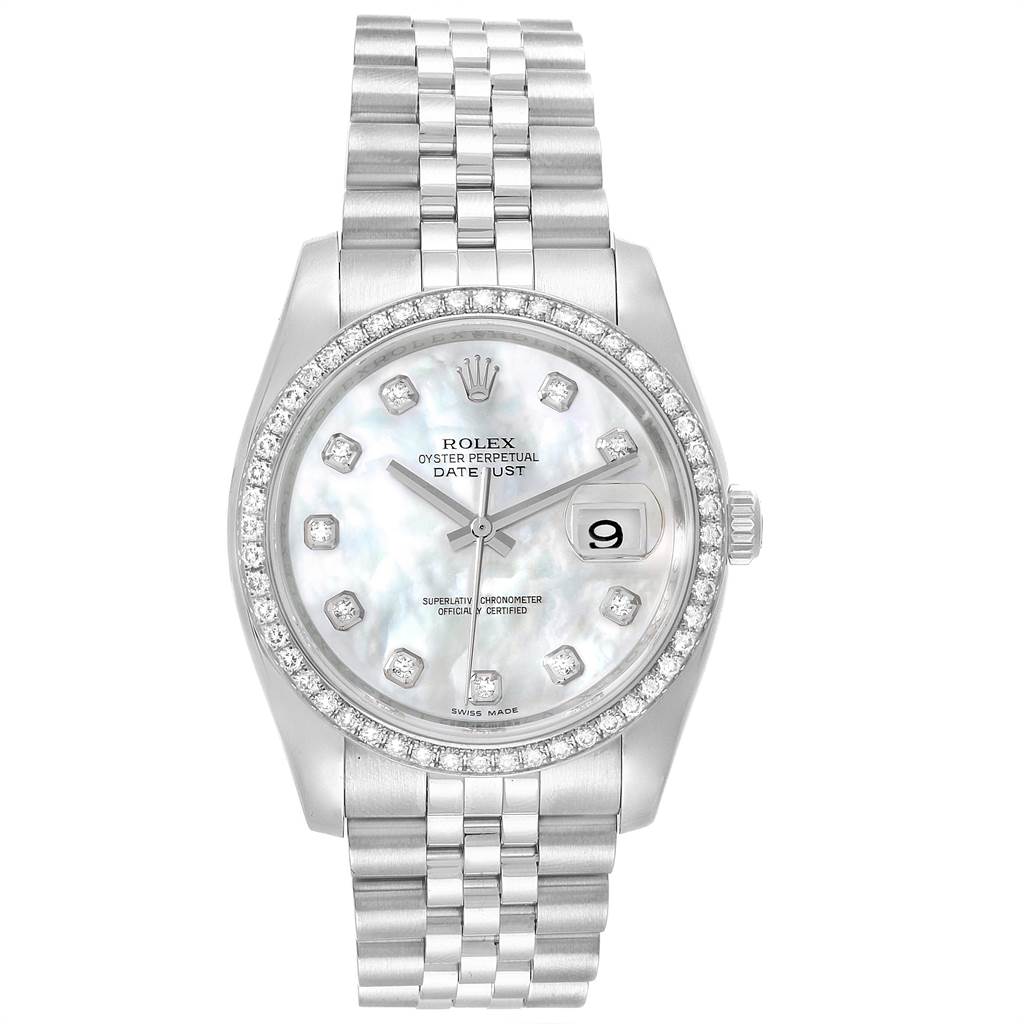 The image shows a Rolex Datejust 116244 Men's Stainless Steel Mother of Pearl Dial 116244 Men's Stainless Steel Mother of Pearl Dial watch from a front angle, highlighting its dial, bezel, and bracelet.
