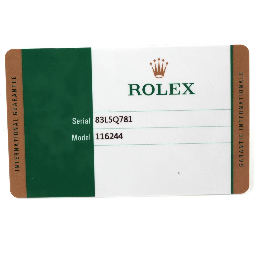 The image shows the international guarantee card for a Rolex Datejust 116244 Men's Stainless Steel Mother of Pearl Dial 116244 Men's Stainless Steel Mother of Pearl Dial model 116244 with serial number 83L5Q781.