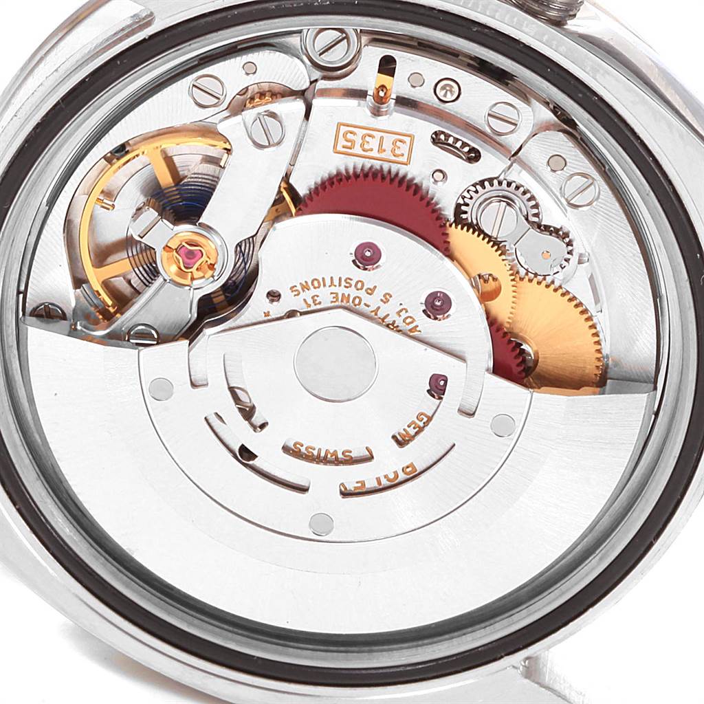 The image shows the internal movement mechanism of a Rolex Datejust 116244 Men's Stainless Steel Mother of Pearl Dial 116244 Men's Stainless Steel Mother of Pearl Dial watch from the back view.