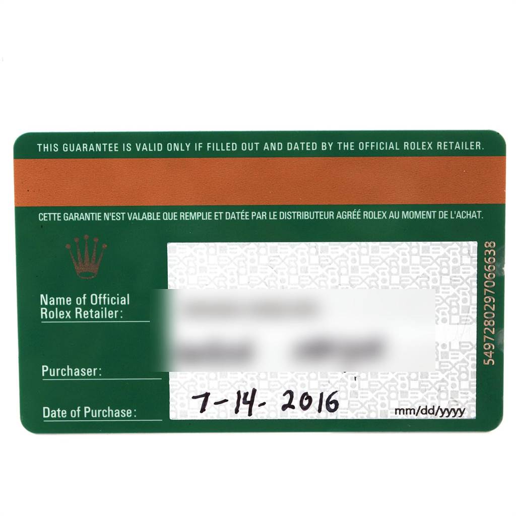 This image shows the warranty card for a Rolex Datejust 116244 Men's Stainless Steel Mother of Pearl Dial 116244 Men's Stainless Steel Mother of Pearl Dial watch, highlighting purchase details.