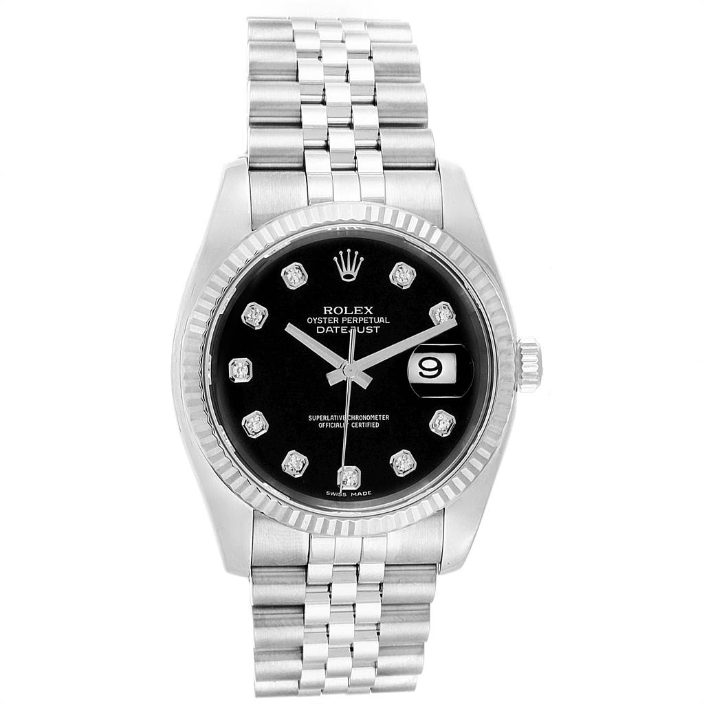 This image shows a Rolex Datejust 116234 Men's Stainless Steel Black Dial 116234 Men's Stainless Steel Black Dial watch from the front, highlighting its black dial, diamond hour markers, date window, and stainless steel bracelet.