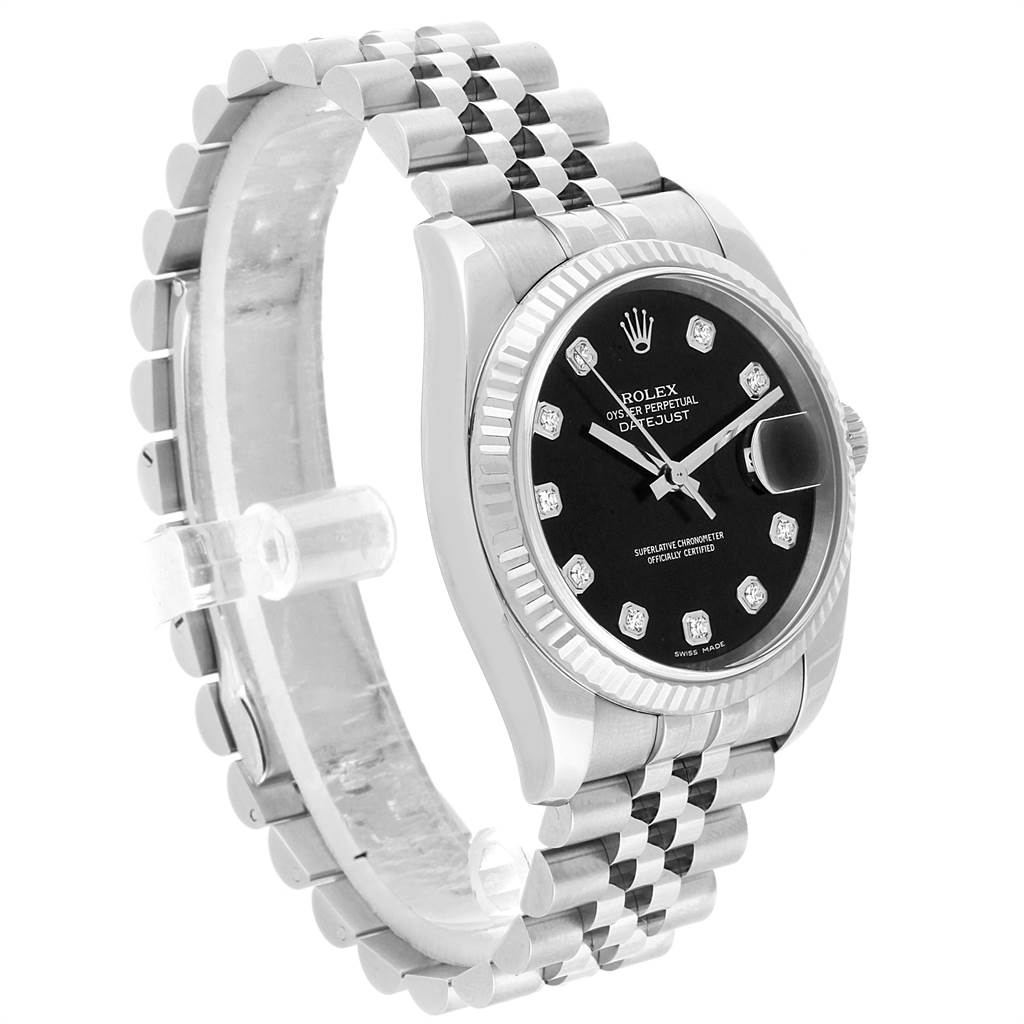 The image shows a Rolex Datejust 116234 Men's Stainless Steel Black Dial 116234 Men's Stainless Steel Black Dial watch at an angle highlighting its black dial, fluted bezel, and Jubilee bracelet.