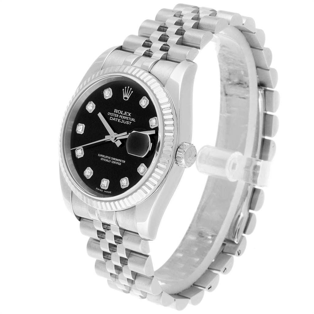 The Rolex Datejust 116234 Men's Stainless Steel Black Dial 116234 Men's Stainless Steel Black Dial watch is shown from an angled side view, showcasing the black dial, bezel, and Jubilee bracelet.