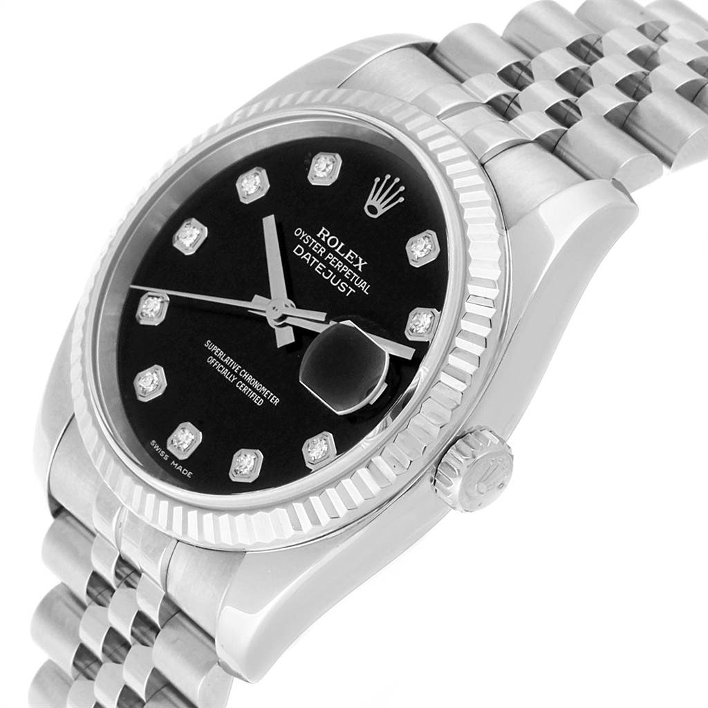 The image shows a close-up angle of a Rolex Datejust 116234 Men's Stainless Steel Black Dial 116234 Men's Stainless Steel Black Dial watch featuring the dial, crown, bezel, and part of the bracelet.
