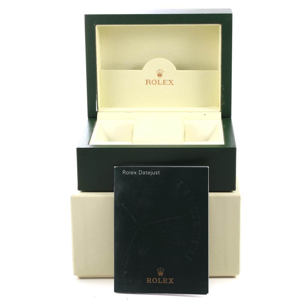 The image shows a Rolex Datejust 116234 Men's Stainless Steel Black Dial 116234 Men's Stainless Steel Black Dial box set with an empty watch case and its manual, viewed from the front.