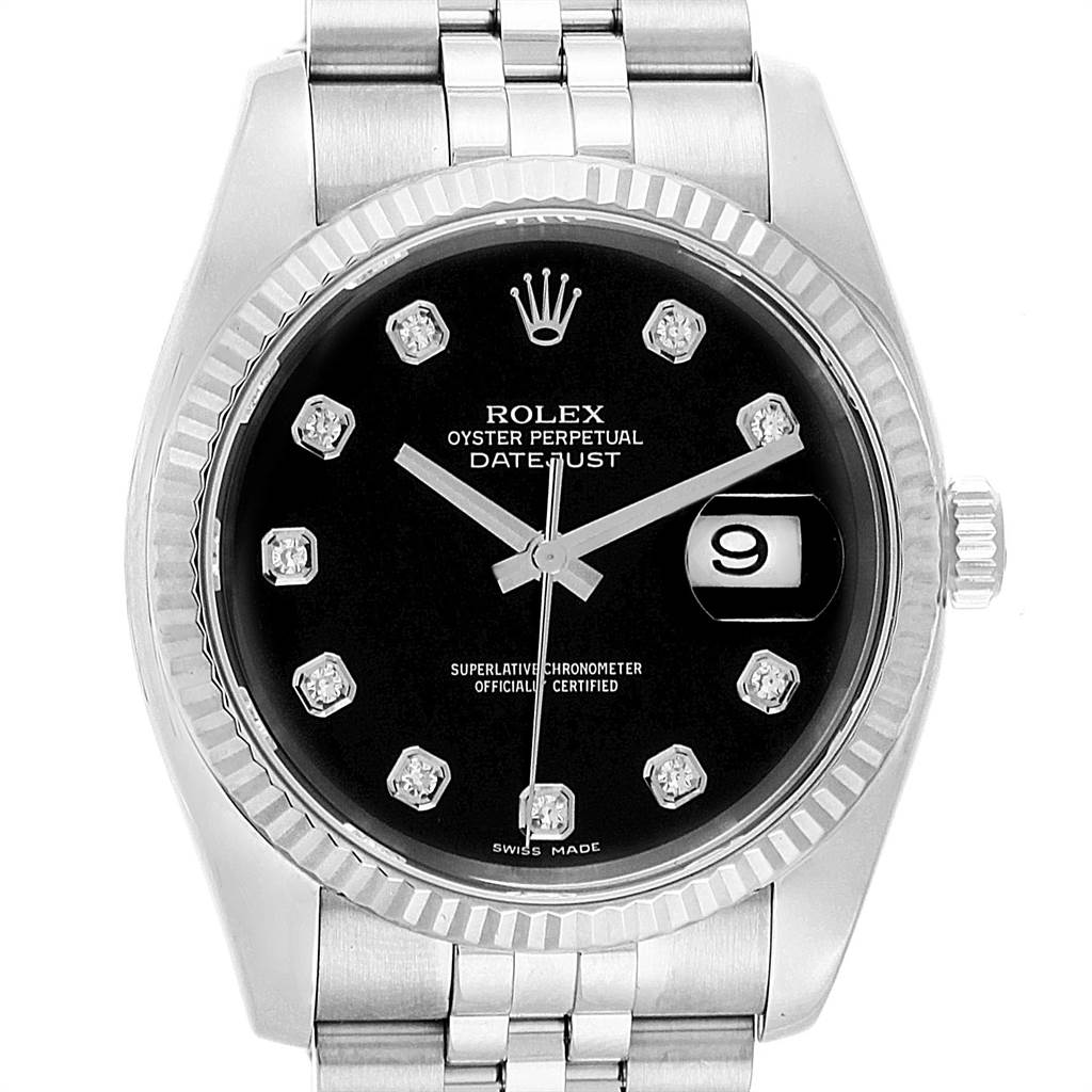 The image shows a frontal view of the Rolex Datejust 116234 Men's Stainless Steel Black Dial 116234 Men's Stainless Steel Black Dial watch, highlighting its black dial, diamond hour markers, and date window.