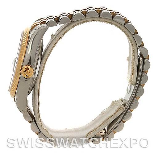 The image shows a side view of a Rolex Datejust 116233-SRJ Men's Stainless Steel Grey Dial 116233-SRJ Men's Stainless Steel Grey Dial watch, highlighting its case, bezel, and part of the bracelet.