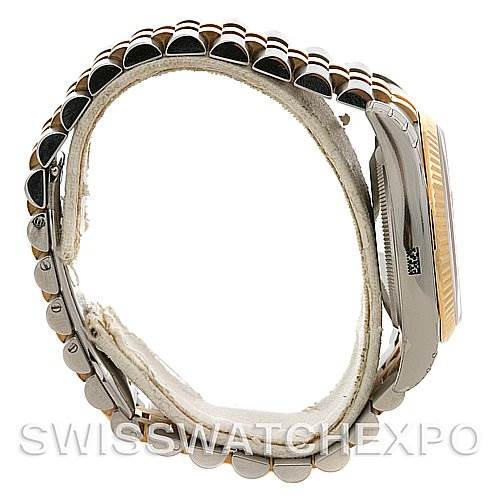 The image shows the side view of a Rolex Datejust 116233-SRJ Men's Stainless Steel Grey Dial 116233-SRJ Men's Stainless Steel Grey Dial model, highlighting the case, bezel, and two-tone bracelet.