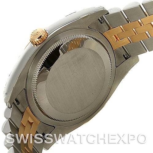 This image shows the back case and side profile of the Rolex Datejust 116233-SRJ Men's Stainless Steel Grey Dial 116233-SRJ Men's Stainless Steel Grey Dial watch, highlighting the crown and part of the bracelet.
