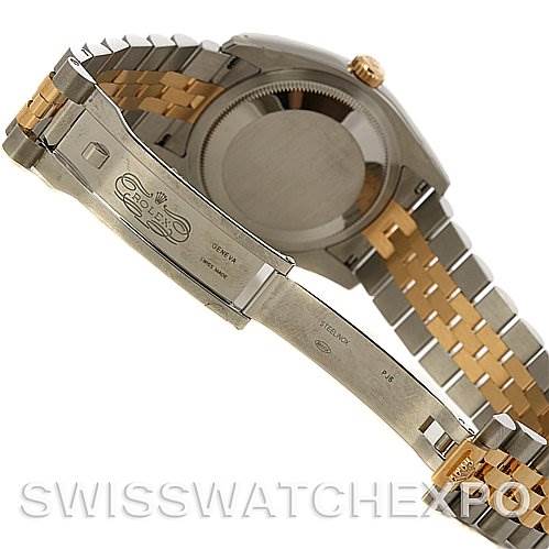 This image shows the back case and the clasp of the Rolex Datejust 116233-SRJ Men's Stainless Steel Grey Dial 116233-SRJ Men's Stainless Steel Grey Dial watch.
