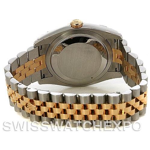 This image shows the back view of a Rolex Datejust 116233-SRJ Men's Stainless Steel Grey Dial 116233-SRJ Men's Stainless Steel Grey Dial watch, highlighting its two-tone bracelet and case back.