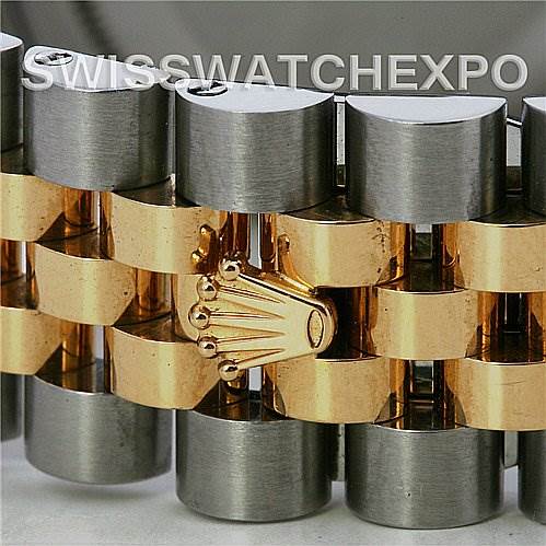 Close-up of a Rolex Datejust 116233-SRJ Men's Stainless Steel Grey Dial 116233-SRJ Men's Stainless Steel Grey Dial watch bracelet showing the two-tone links and Rolex crown logo.