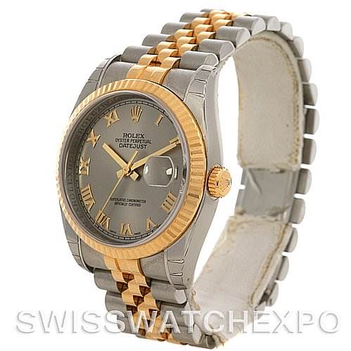 The Rolex Datejust 116233-SRJ Men's Stainless Steel Grey Dial 116233-SRJ Men's Stainless Steel Grey Dial watch is displayed at a three-quarter angle, showing the face, bezel, and bracelet.