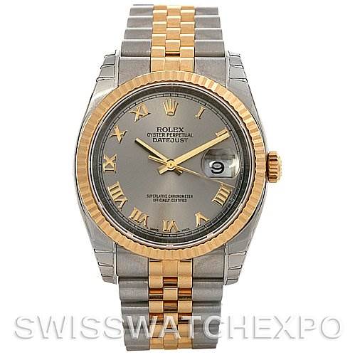 This image shows a front view of a Rolex Datejust 116233-SRJ Men's Stainless Steel Grey Dial 116233-SRJ Men's Stainless Steel Grey Dial watch displaying the face, bezel, and bracelet.