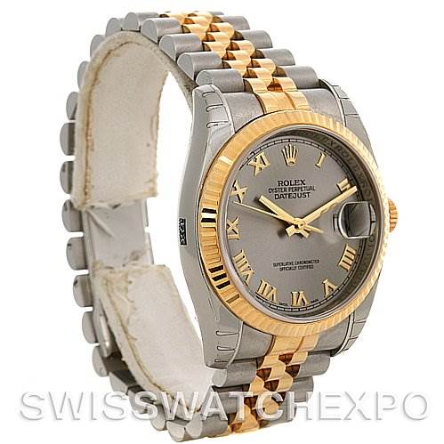 This image shows the front and left side of a Rolex Datejust 116233-SRJ Men's Stainless Steel Grey Dial 116233-SRJ Men's Stainless Steel Grey Dial watch, featuring a two-tone bracelet and a grey dial with Roman numerals.