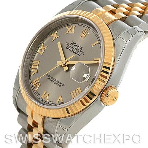 This image shows a close-up angle of a Rolex Datejust 116233-SRJ Men's Stainless Steel Grey Dial 116233-SRJ Men's Stainless Steel Grey Dial watch, highlighting the dial, bezel, crown, and bracelet.