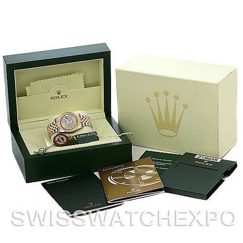 The image showcases a Rolex Datejust 116233-SRJ Men's Stainless Steel Grey Dial 116233-SRJ Men's Stainless Steel Grey Dial watch in its box, with accompanying booklets and a cleaning cloth.
