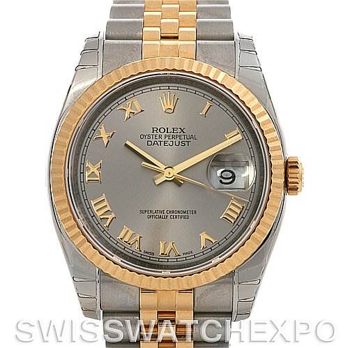 This image shows a front view of a Rolex Datejust 116233-SRJ Men's Stainless Steel Grey Dial 116233-SRJ Men's Stainless Steel Grey Dial watch with a two-tone bracelet, a fluted bezel, and a gray dial with Roman numerals.
