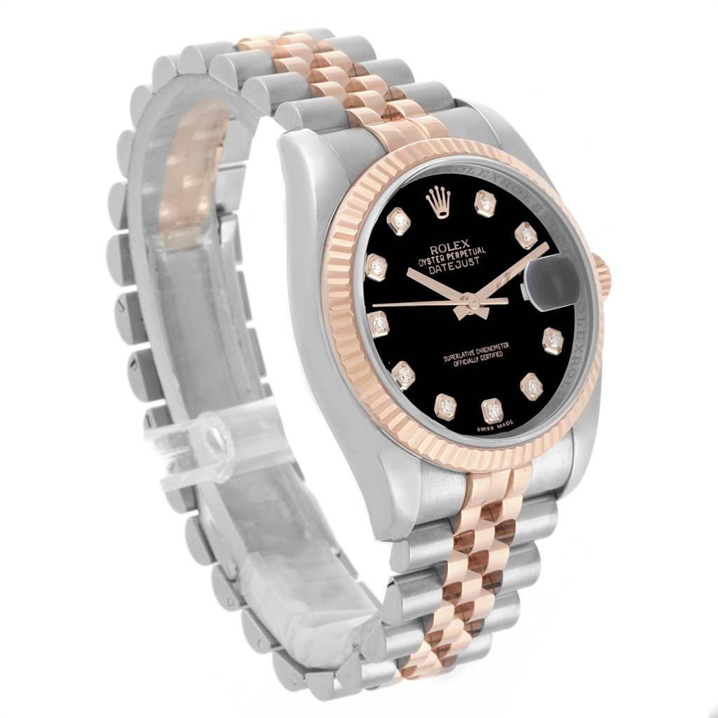The image shows a Rolex Datejust 116231 Men's Steel and Gold (two tone) Black Dial 116231 Men's Steel and Gold (two tone) Black Dial watch at an angled view, highlighting the face, bezel, and two-tone bracelet.