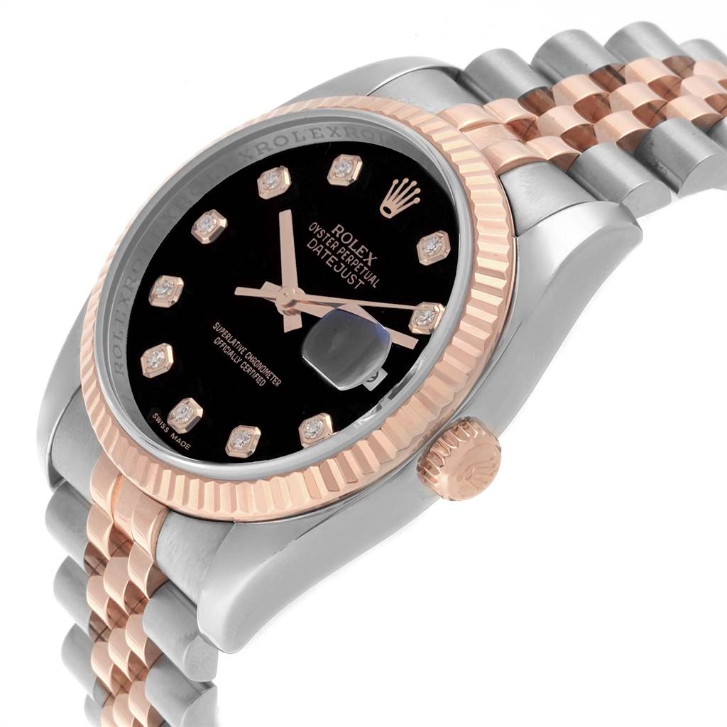 The image shows a side angle of a Rolex Datejust 116231 Men's Steel and Gold (two tone) Black Dial 116231 Men's Steel and Gold (two tone) Black Dial watch displaying the dial, bezel, crown, and bracelet.