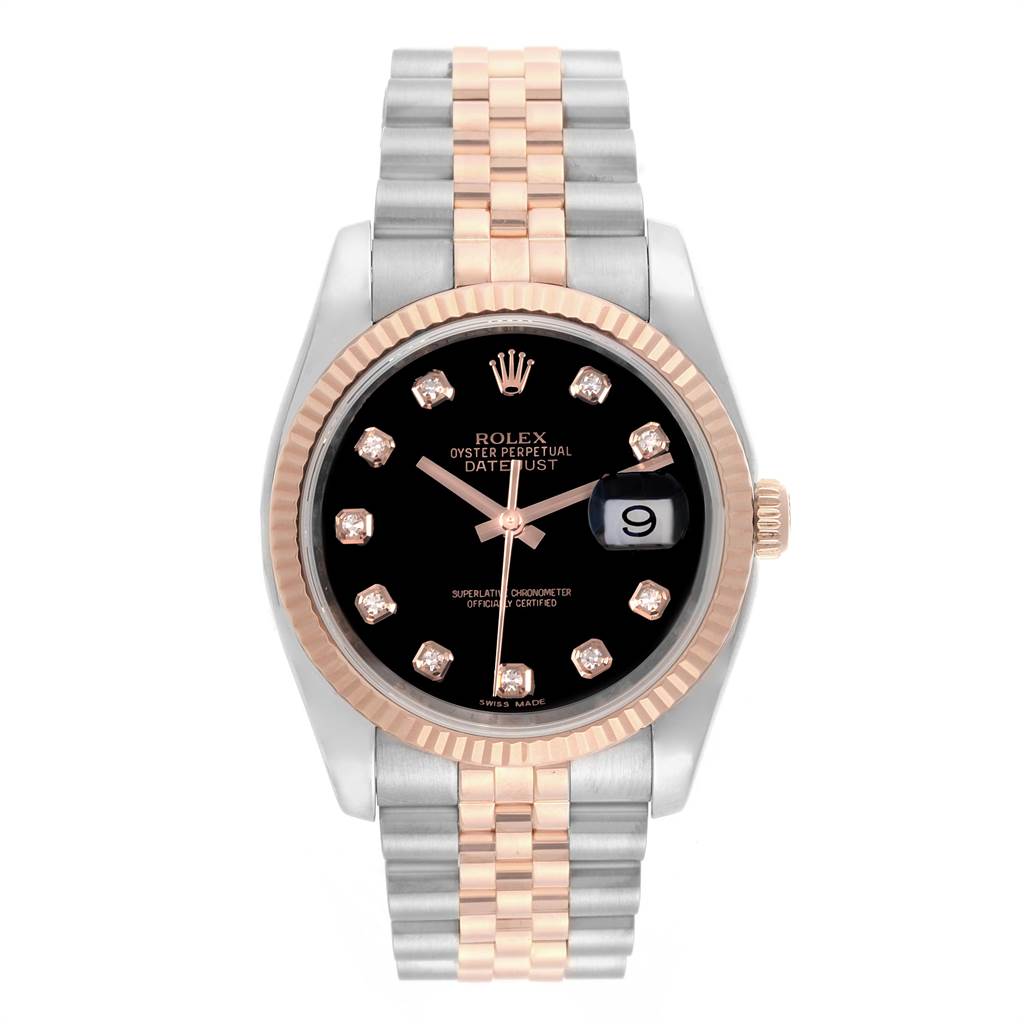 The image shows a Rolex Datejust 116231 Men's Steel and Gold (two tone) Black Dial 116231 Men's Steel and Gold (two tone) Black Dial watch from a front angle displaying the dial, bezel, and two-tone bracelet.
