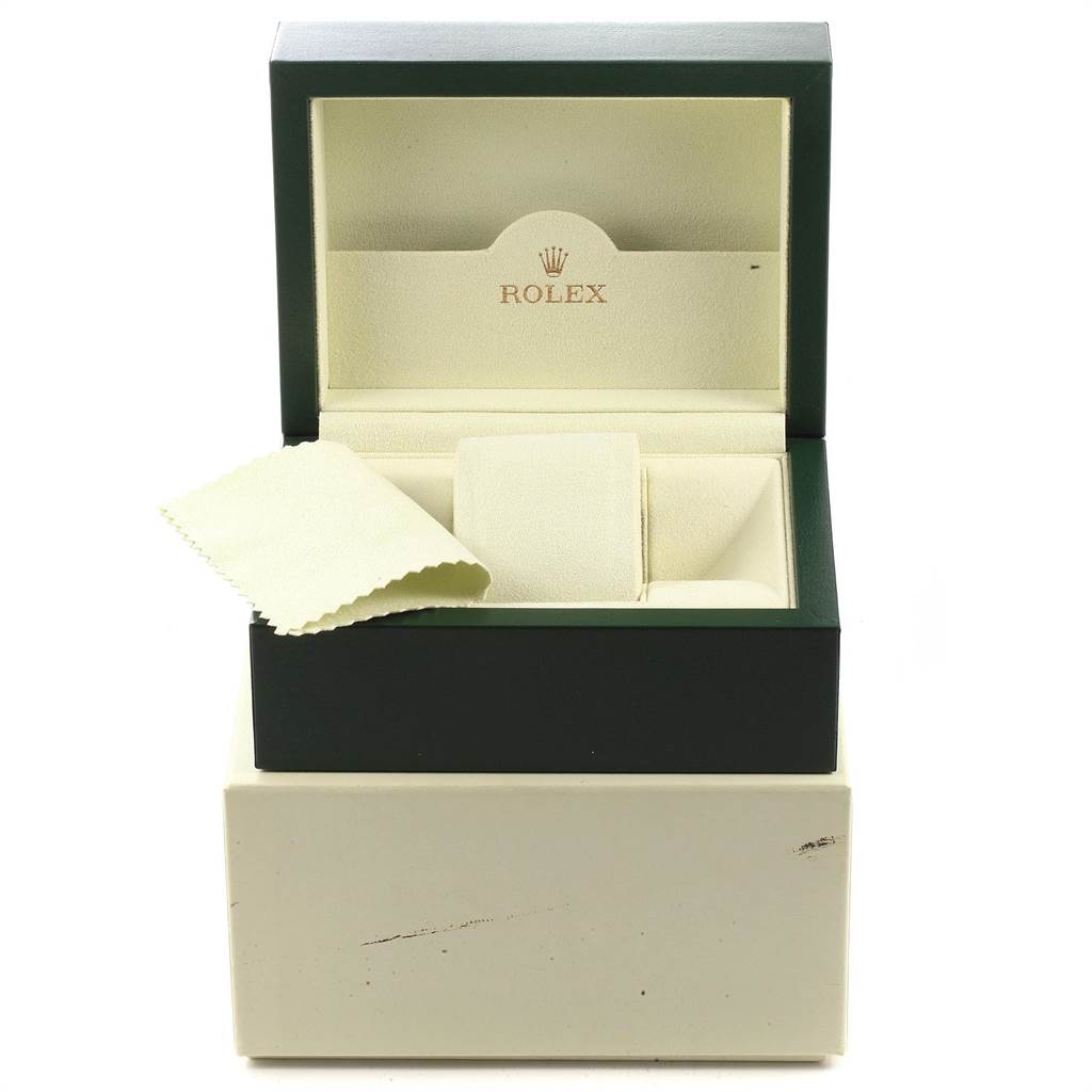 The image shows an open Rolex Datejust 116231 Men's Steel and Gold (two tone) Black Dial 116231 Men's Steel and Gold (two tone) Black Dial watch box with a cleaning cloth and cushion for the watch.