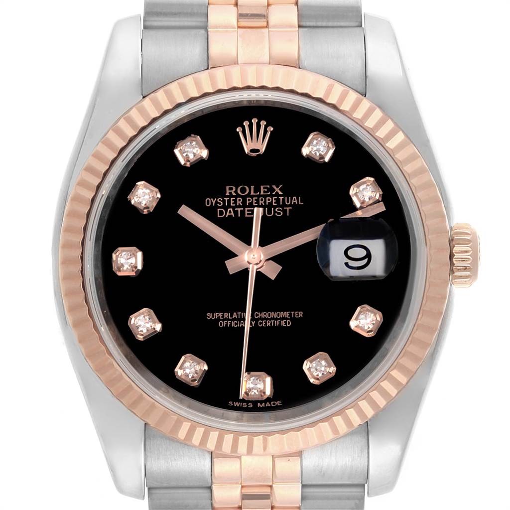 This is a Rolex Datejust 116231 Men's Steel and Gold (two tone) Black Dial 116231 Men's Steel and Gold (two tone) Black Dial watch shown from a front angle, displaying the dial, hands, date window, bezel, and part of the bracelet.