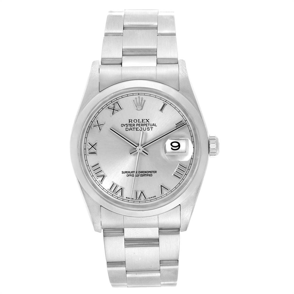 The image shows a Rolex Datejust 16200 Men's Stainless Steel Grey Dial 16200 Men's Stainless Steel Grey Dial watch from a top-down angle, displaying the face, bracelet, and crown.