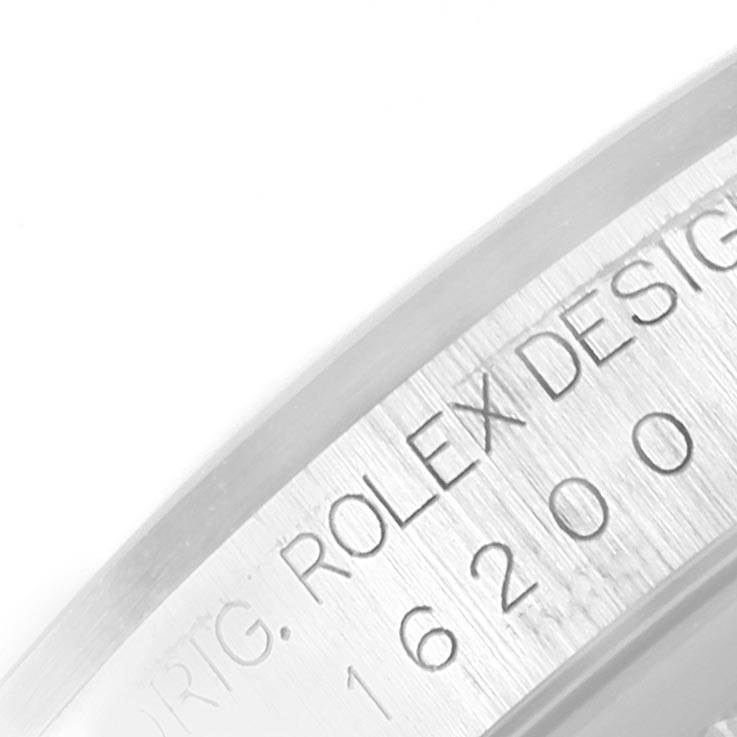 The image shows the side engraving of a Rolex Datejust 16200 Men's Stainless Steel Grey Dial 16200 Men's Stainless Steel Grey Dial watch, highlighting the model number and "Rolex Design" text.