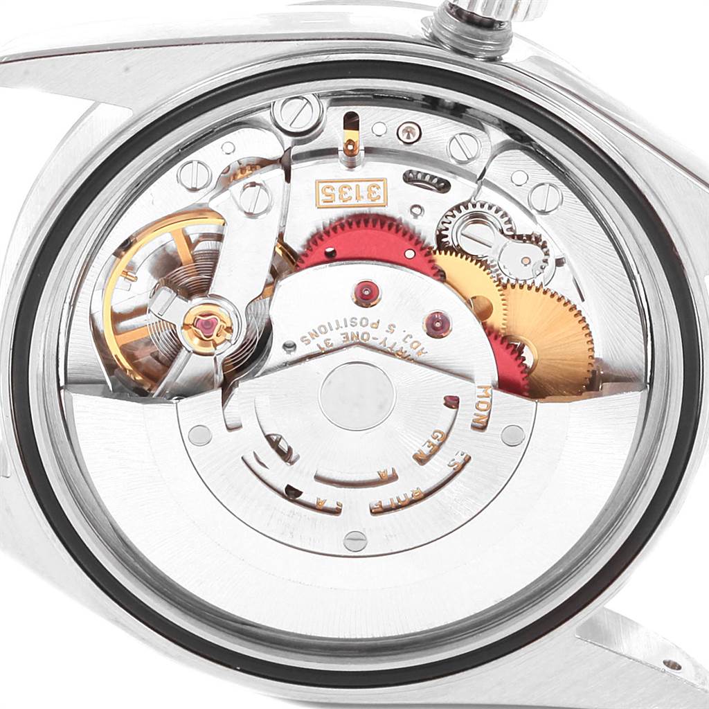 The image shows the internal mechanical movement of a Rolex Datejust 16200 Men's Stainless Steel Grey Dial 16200 Men's Stainless Steel Grey Dial watch from a rear angle.